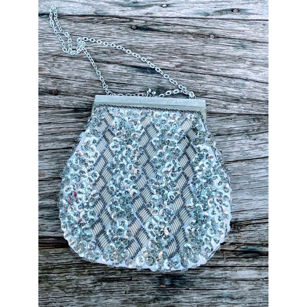 Vintage 1960s Beaded Sequin Liver Formal Purse Lucite Frame - Picture 5 of 12